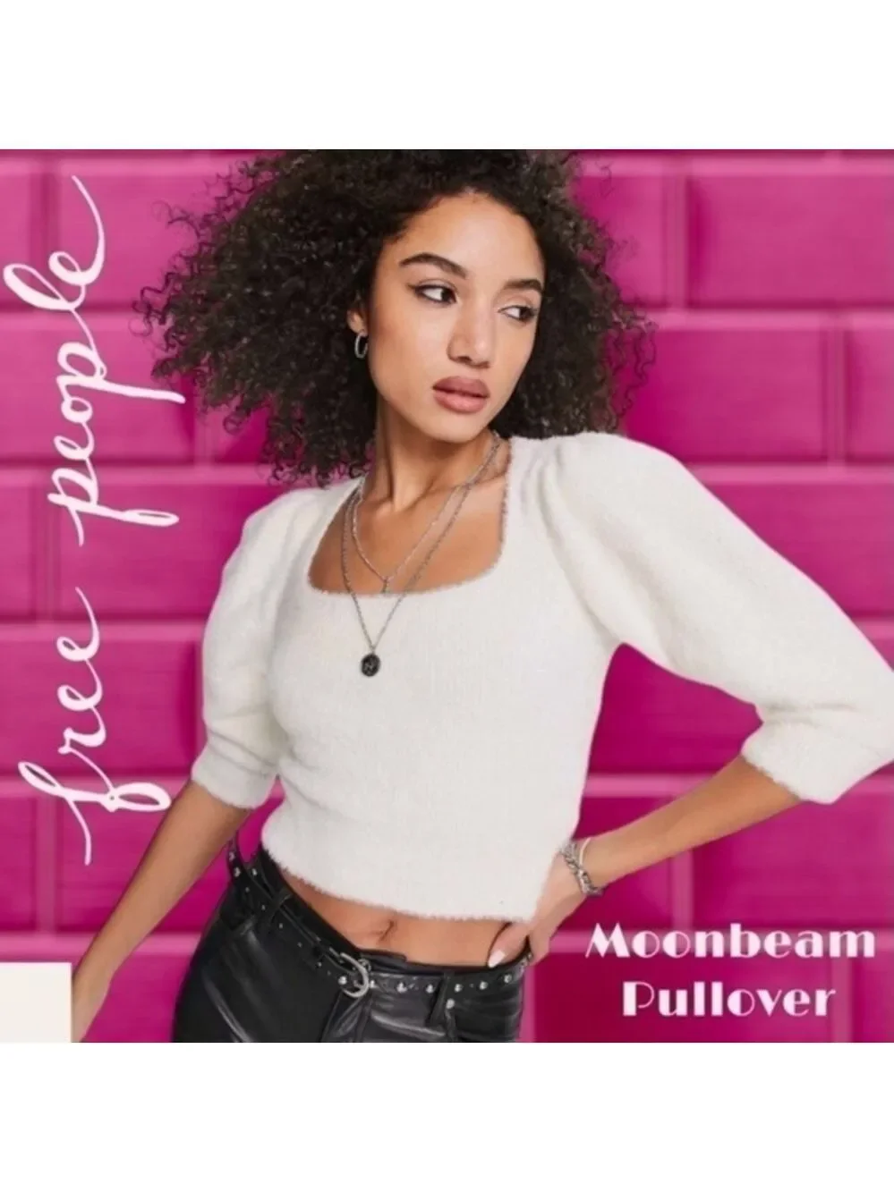 FREE PEOPLE NWT Moonbeam Fuzzy 3/4 Puff Sleeve Cropped Scoop Neck Sweater/Lg
